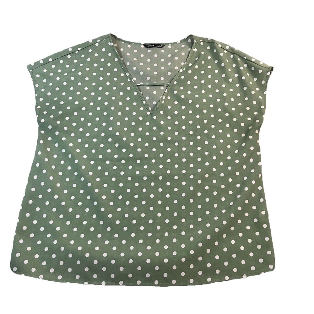 Shein Green White Polka Dots Cap Sleeve V Neck Top Blouse Womens Size 8/10